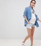 Asos Design Maternity Tall Denim Alvey Mid Rise Short With Raw Hem In Light Wash Blue