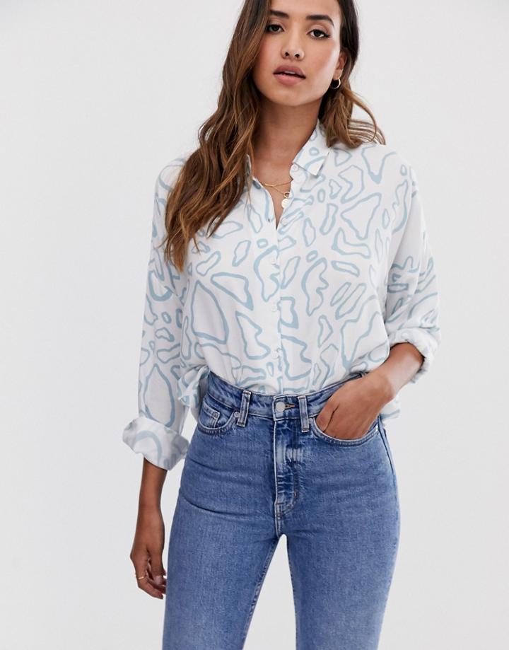 Asos Design Long Sleeve Cropped Shirt In Soft Abstract Print - Multi