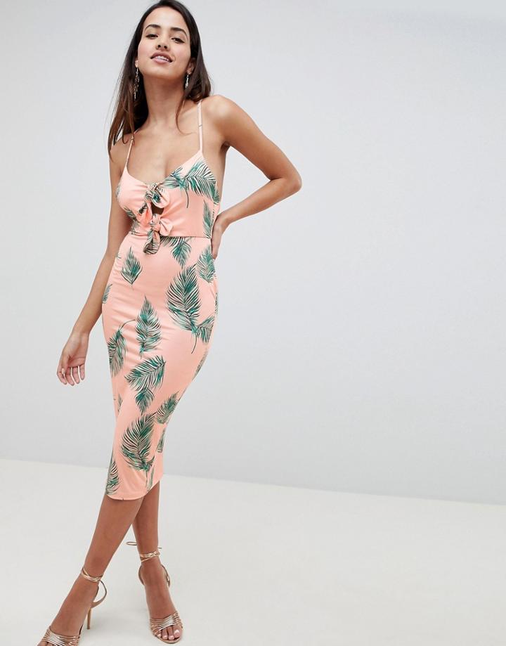 Asos Design Knot Front Bodycon Midi Dress In Palm Print - Multi