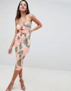 Asos Design Knot Front Bodycon Midi Dress In Palm Print - Multi
