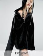 Story Of Lola Extreme Oversized Hoodie Coat In Faux Fur - Black