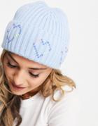 Asos Design Chunky Rib Beanie With Cross Stitch Embroidery Heart In Blue-blues