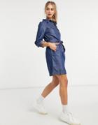 Warehouse Belted Utility Shirt Dress In Mid Wash Denim-blues
