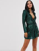 Lioness Glitter Plunge Front Ruffle Mini Dress In Teal-green