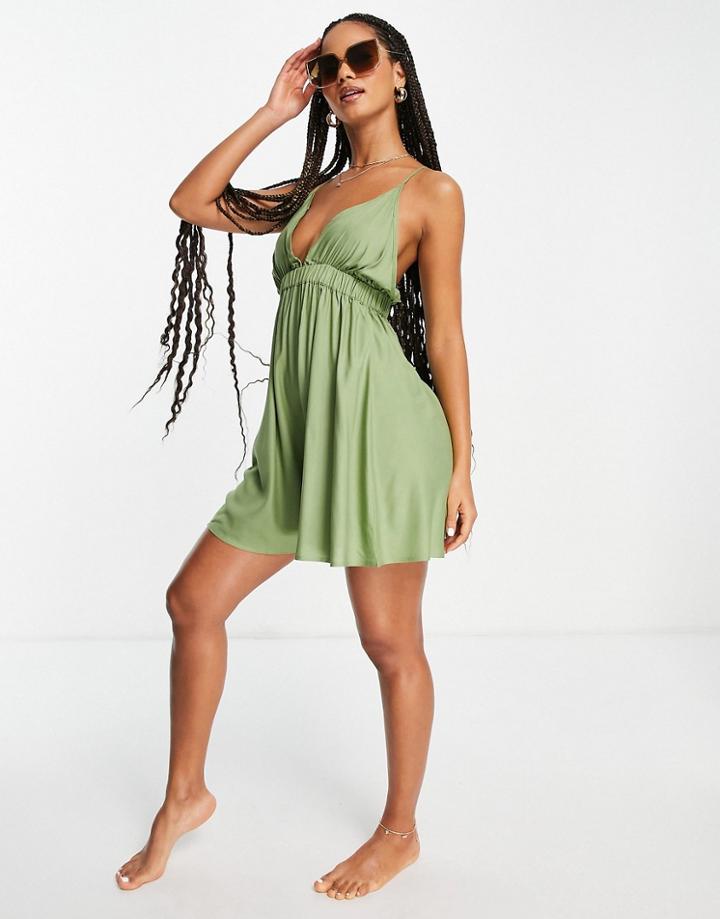 Asos Design Plunge Neck Cross Back Beach Romper In Khaki-green