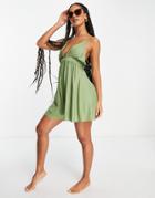 Asos Design Plunge Neck Cross Back Beach Romper In Khaki-green