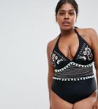 River Island Plus Swimsuit With Pom Pom Detail In Black - Black