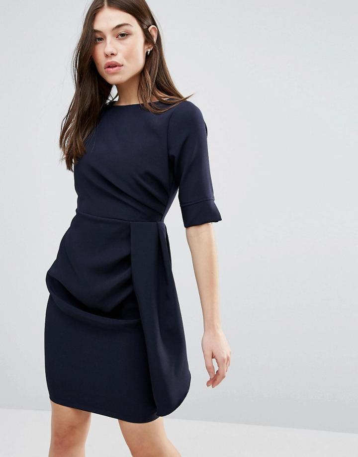 Vesper 3/4 Sleeve Pencil Dress With Pleat Detail - Navy