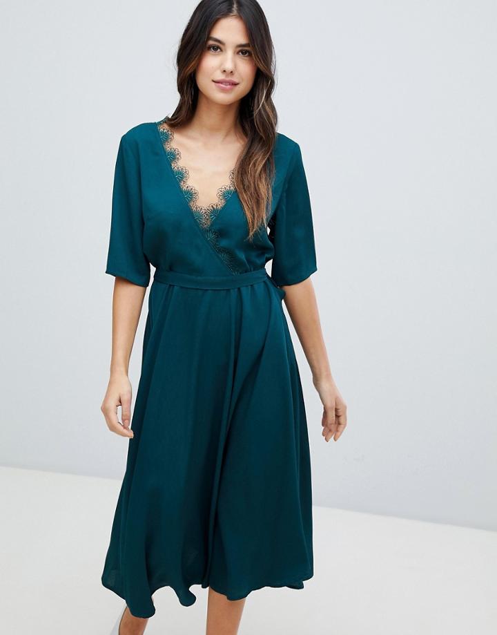 Liquorish Midi Dress With Lace Trim-green