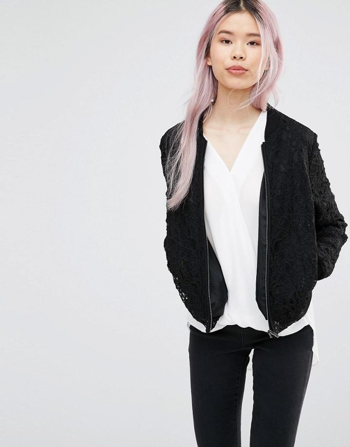 Helene Berman Zip Front Bomber Jacket In Black Lace - Black