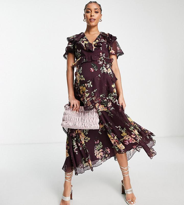 Asos Design Maternity Drape Detail Midi Dress In Textured Chiffon With Tie Detail In Floral Print-multi