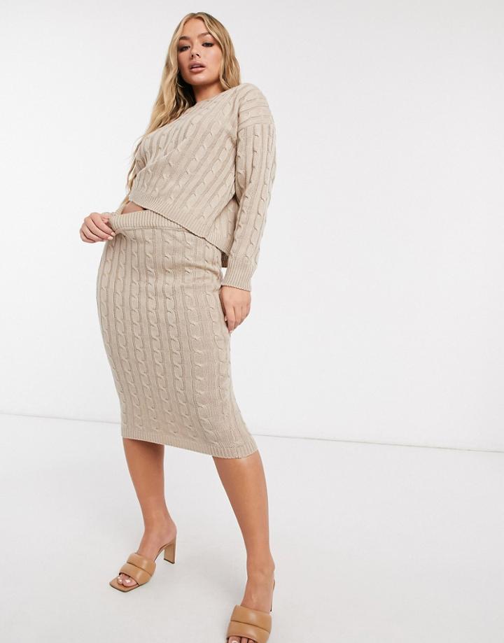 Femme Luxe Cable Knitted Sweater And Midi Skirt In Biscuit-neutral
