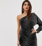 Asos Design Animal Velour One Shoulder Mini Pencil Dress - Multi
