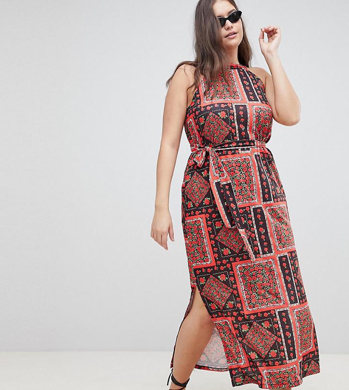 Asos Design Curve Scarf Print Maxi Sundress With Belt - Multi