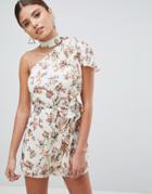 Asos Design Occasion Romper With One Shoulder And Tie Neck In Floral Chiffon - Beige