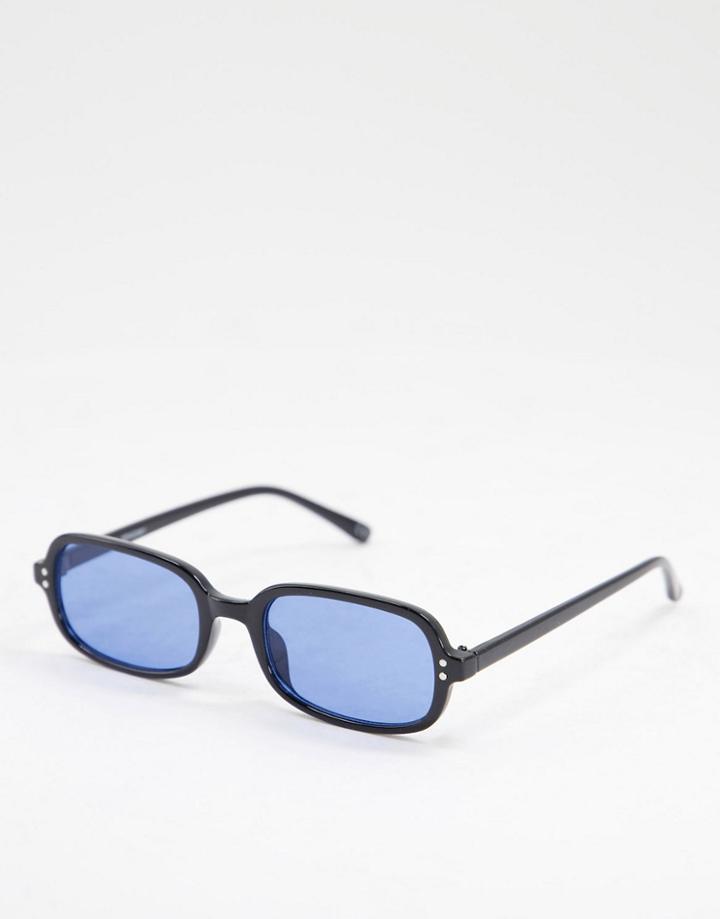 Asos Design Skinny Rectangle Sunglasses In Black With Blue Lens