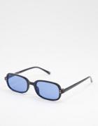Asos Design Skinny Rectangle Sunglasses In Black With Blue Lens