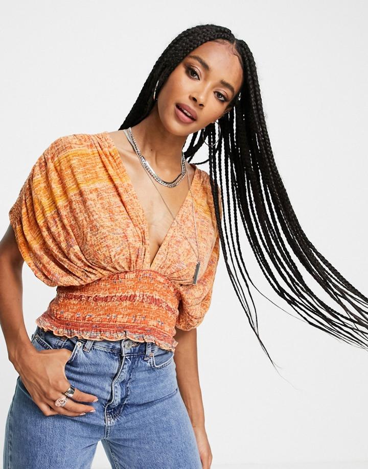 Free People Next Vacation Top With Shirring In Bright Paisley-orange