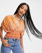 Free People Next Vacation Top With Shirring In Bright Paisley-orange