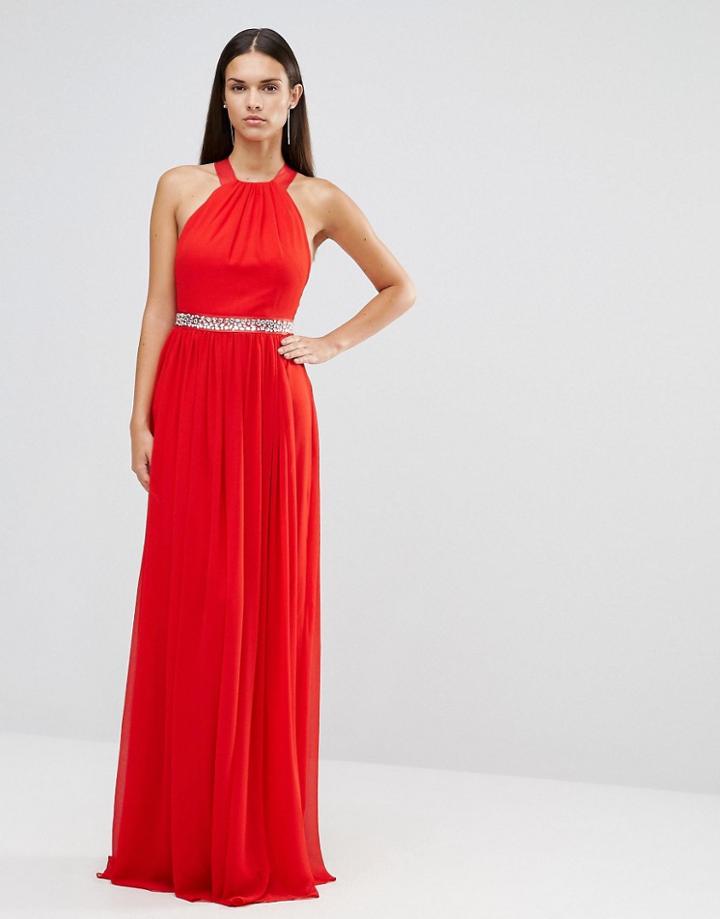 City Goddess Halter Neck Chiffon Maxi Dress With Diamonte Detail - Red