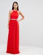 City Goddess Halter Neck Chiffon Maxi Dress With Diamonte Detail - Red