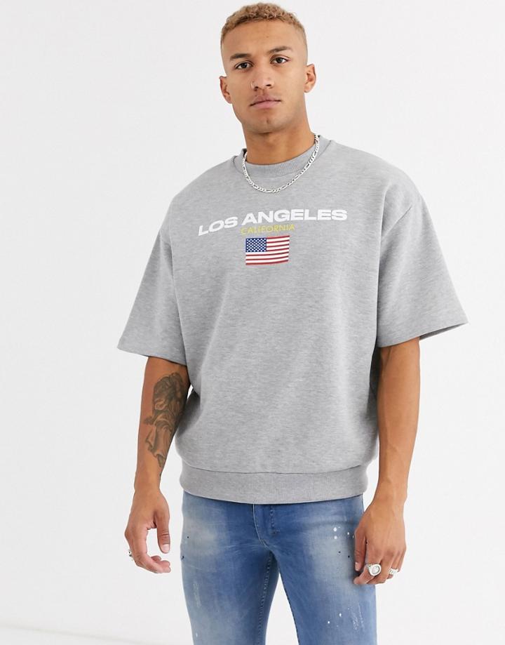 Asos Design Oversized Short Sleeve Sweatshirt With Los Angeles Text Print In Gray Marl - Gray