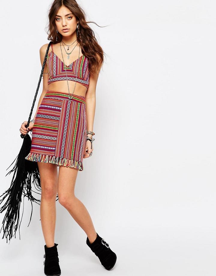 Young Bohemians Festival Skirt With Tassel Hem In Vertical Aztec Weave - Multi