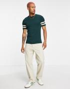 Asos Design Skinny T-shirt With Contrast Sleeve Stripes In Dark Green - Mgreen
