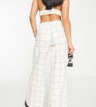 Vila Petite Exclusive Linen Touch Wide Leg Pants In Cream Grid Check-white