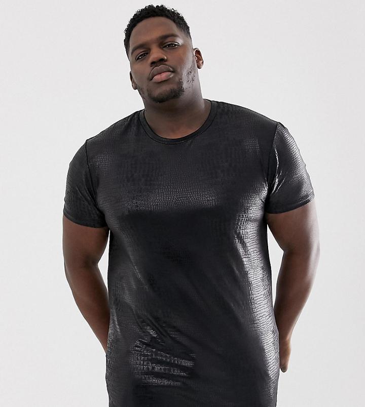 Asos Design Plus Longline T-shirt In Snake Skin In Black - Black