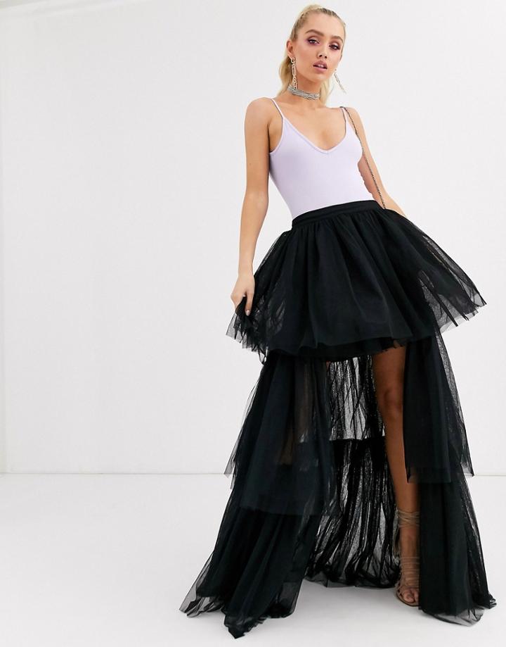 Lace & Beads Tiered High Low Maxi Skirt In Black