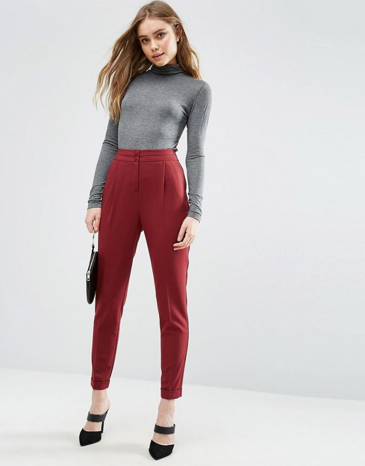 Asos Tailored High Waisted Pants With Turn Up Detail - Red