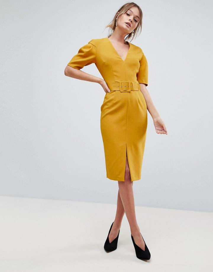 Asos Drop Shoulder Midi Dress With Belt - Yellow