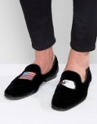Asos Loafers In Black Velvet With Flag And Eagle Embroidery - Black