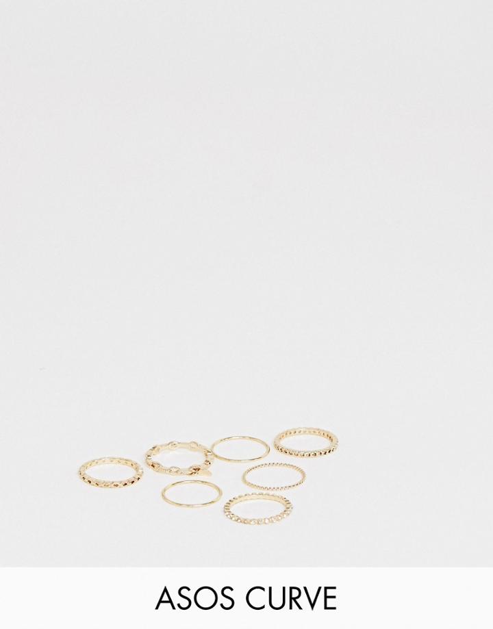 Asos Design Curve Pack Of 6 Rings In Open Chain Design With Coin Charm In Gold - Gold
