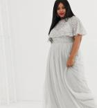 Maya Plus Delicate Embellished Cape Maxi Dress In Silver-grey