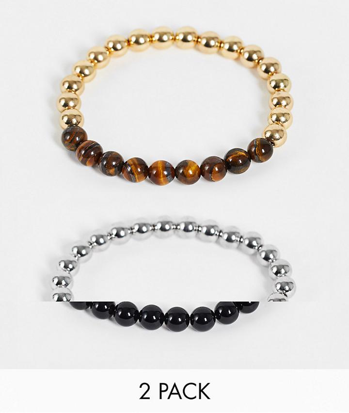 Asos Design 2-pack Beaded Bracelet Set With Metal And Semi Precious Stone-multi