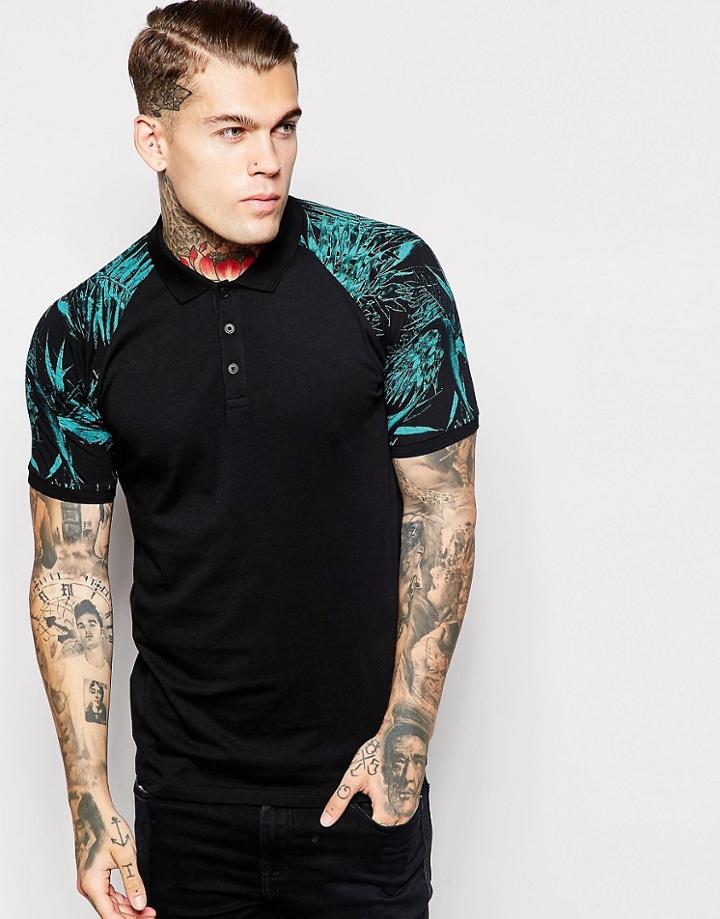 Asos Polo Shirt With Floral Print - Black