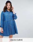 Asos Curve Denim Smock Shirt Dress In Mid Wash Blue - Blue