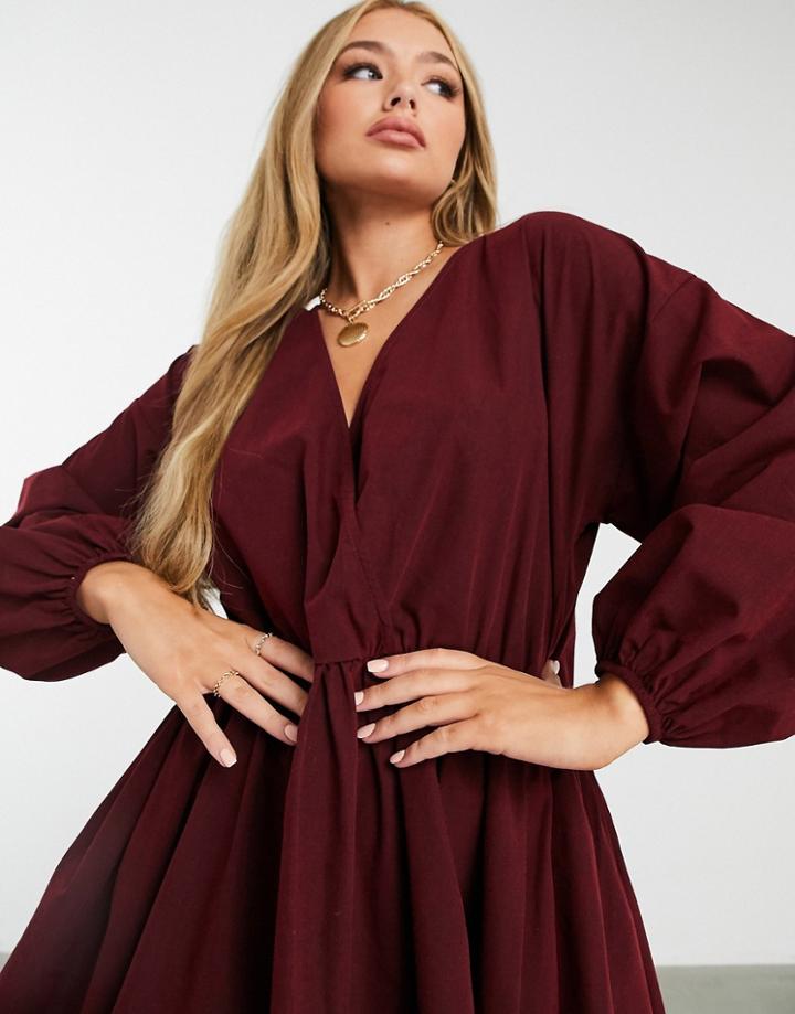 Asos Design Casual Cotton Poplin Wrap Front Mini Smock Dress In Oxblood-red