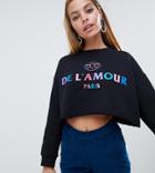 Asos Design Petite Raw Hem Crop Sweat With Rainbow Slogan And Embroidery - Black