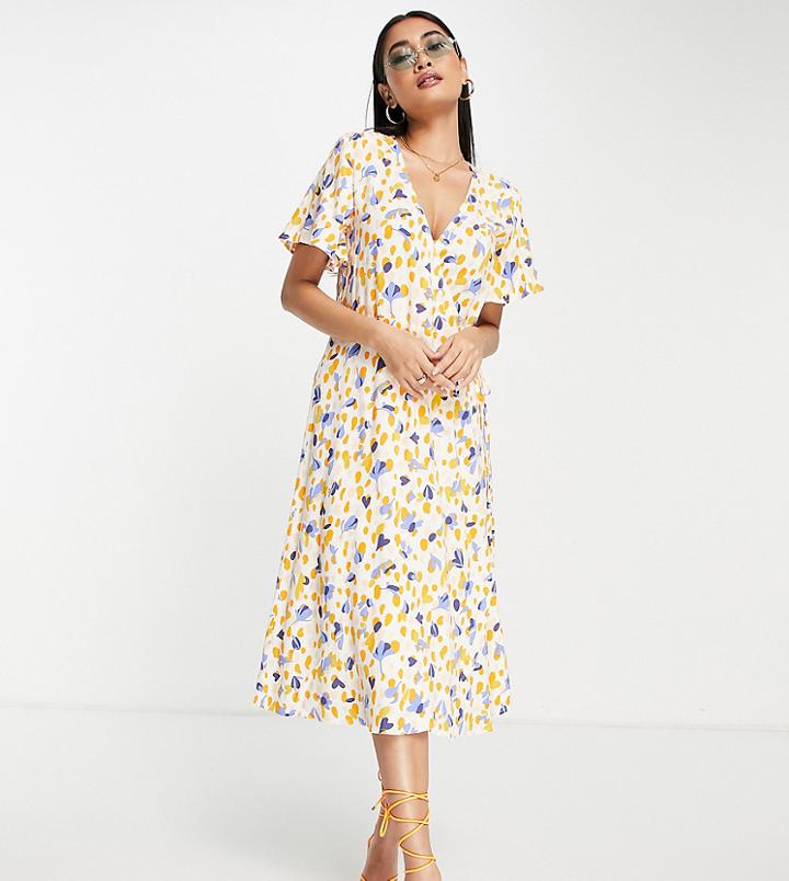Vila Exclusive Wrap Midi Dress With Fluted Sleeves In Abstract Print-multi