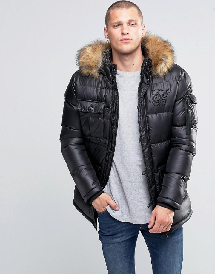 Siksilk Padded Parka Jacket With Faux Fur Hood - Black