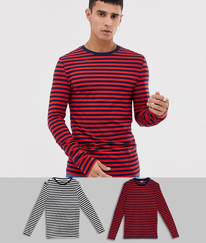 Asos Design Muscle Fit Long Sleeve Stripe T-shirt In Organic Cotton 2 Pack Black/white Navy/red - Multi