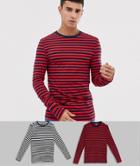 Asos Design Muscle Fit Long Sleeve Stripe T-shirt In Organic Cotton 2 Pack Black/white Navy/red - Multi