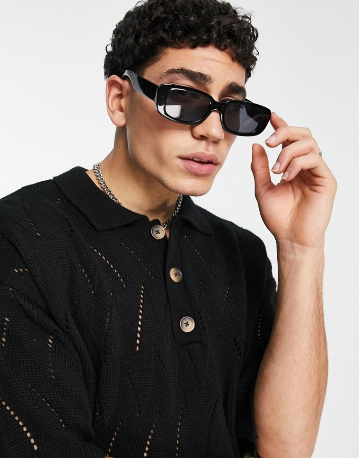 Asos Design Oversized Knit Pointelle Polo In Black