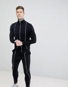 Asos Design Tracksuit Muscle Track Jacket/super Skinny Joggers With Piping In Black - Black