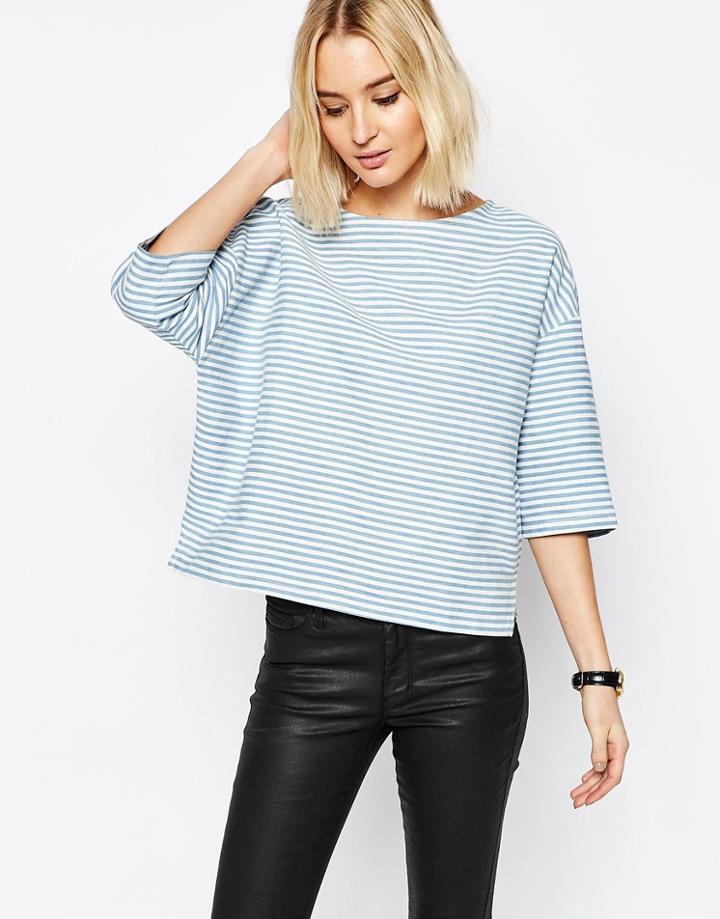 Paisie 3/4 Sleeve Textured Stripe Cotton Top - Light Blue