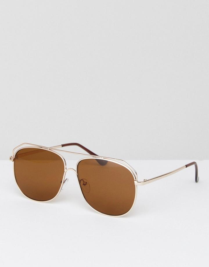 Asos Aviator Sunglasses In Matt Gold With Brow Detail - Gold