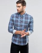Asos Skinny Denim Shirt With Plaid Check With Long Sleeve In Mid Wash - Blue